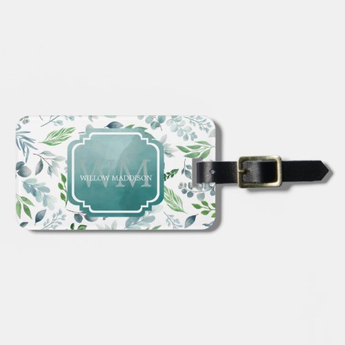 Stylish Elegant Monogram Watercolor Foliage Luggage Tag