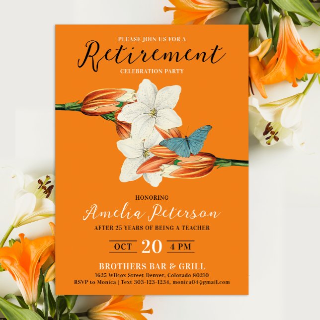 Stylish Elegant Orange Retire Retro Lily Floral  Invitation (Creator Uploaded)