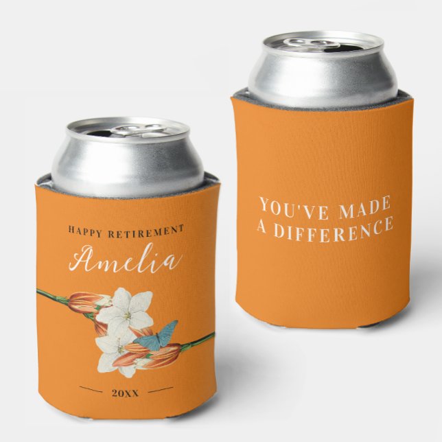 Stylish Elegant Orange Retirement Retro Floral  Can Cooler (Creator Uploaded)