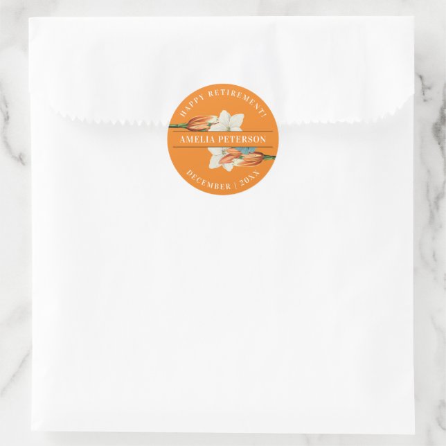 Stylish Elegant Orange White Lily Retro Floral Classic Round Sticker (Bag)