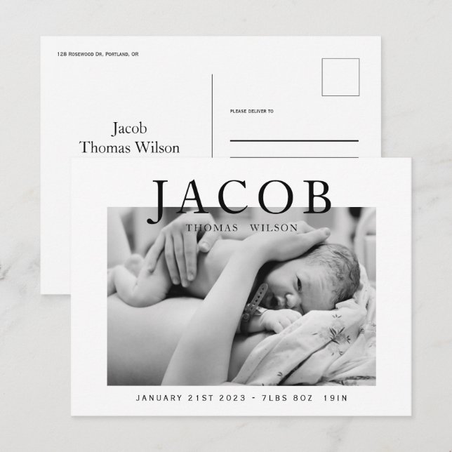 Stylish elegant photo baby announcement postcard (Front/Back)
