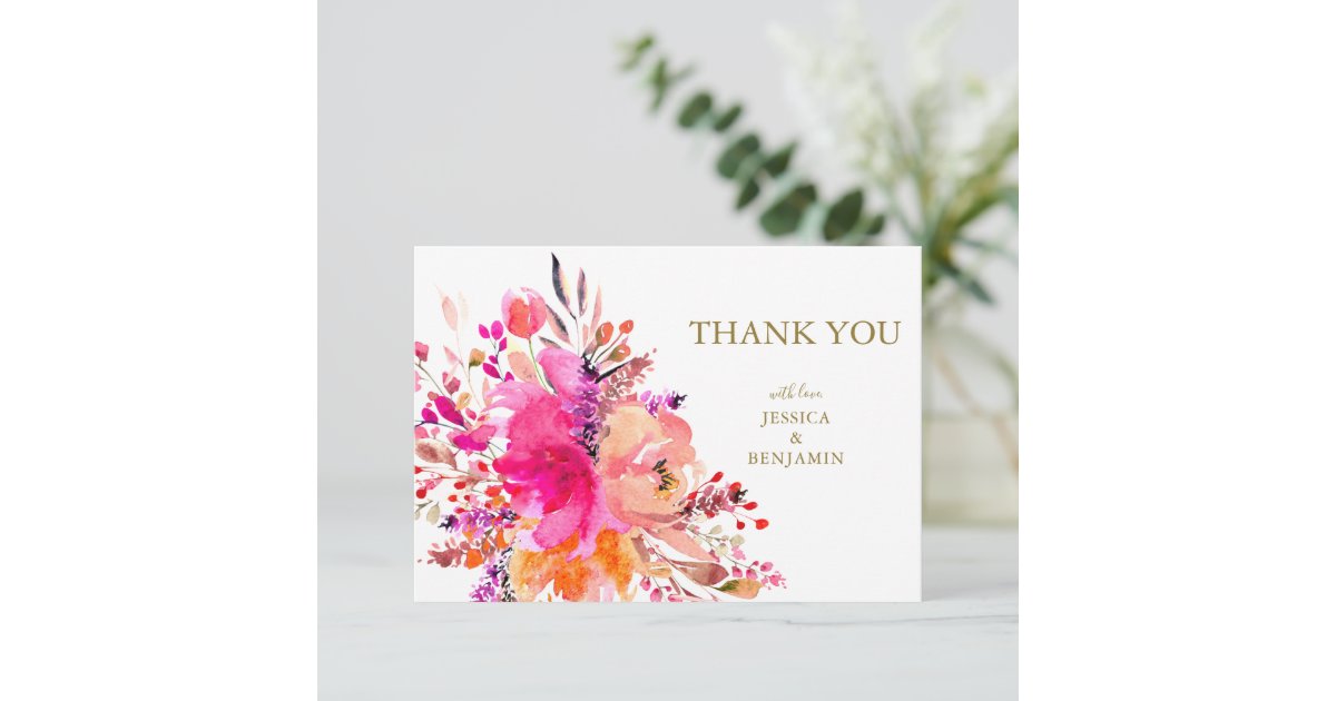 Stylish Elegant Pink Floral Custom Wedding Flat Thank You Card | Zazzle