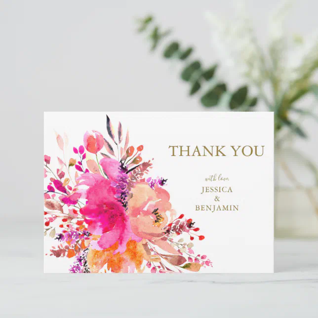 Stylish Elegant Pink Floral Custom Wedding Flat Thank You Card | Zazzle