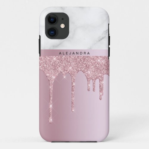 Stylish elegant pink rose gold glitter drips iPhone 11 case