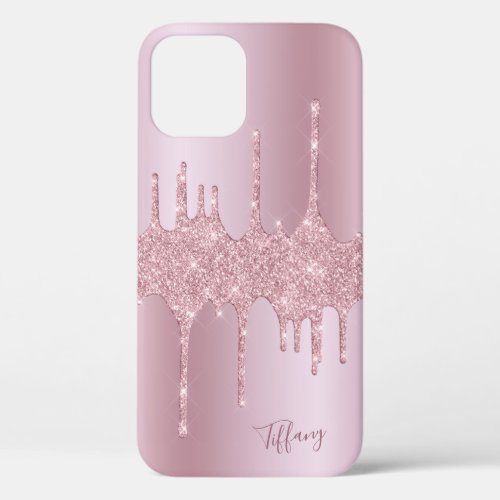 Stylish elegant pink rose gold glitter drips iPhone 12 case