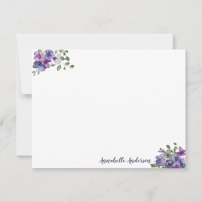 Stylish Elegant Purple Floral Watercolor Script Note Card