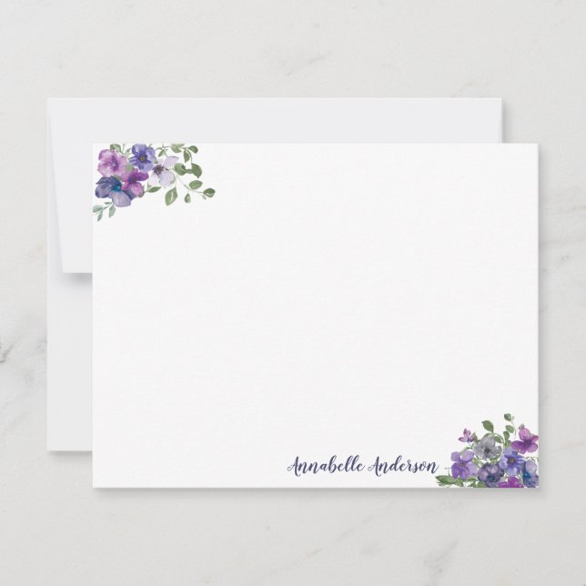 Stylish Elegant Purple Floral Watercolor Script Note Card (Front)