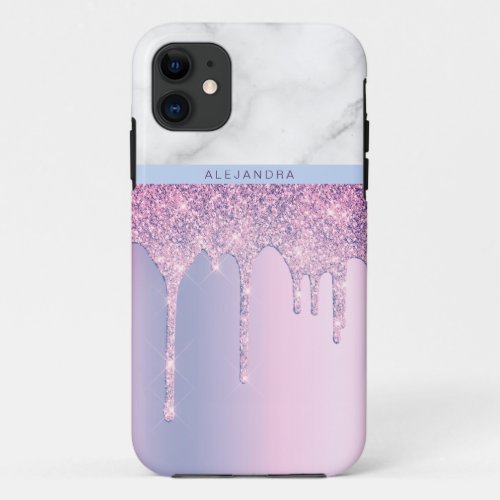 Stylish elegant purple glitter drips white marble iPhone 11 case