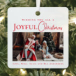 Stylish Elegant Red Merry Christmas family photo Metal Ornament<br><div class="desc">Elevate your holiday decor with our chic and contemporary personalized photo ornament. Your family name takes center stage in timeless typography, beautifully complemented by a handwritten script font in white, all set against your full-size photograph. This modern and minimal design ensures your special photo shines in a unique way, adding...</div>