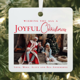 Stylish Elegant Red Merry Christmas family photo Metal Ornament