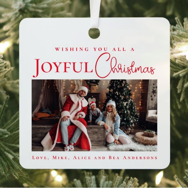 Stylish Elegant Red Merry Christmas family photo Metal Ornament (Elegant Merry Christmas ornament with family photo and elegant red script)