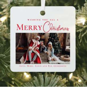 Stylish Elegant Reed Merry Christmas family photo Metal Ornament