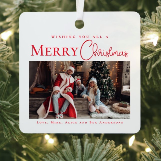 Stylish Elegant Reed Merry Christmas family photo Metal Ornament (Creator Uploaded)