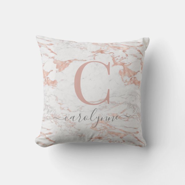 Stylish Elegant Rose Gold Foil Marble Monogram Throw Pillow (Front)