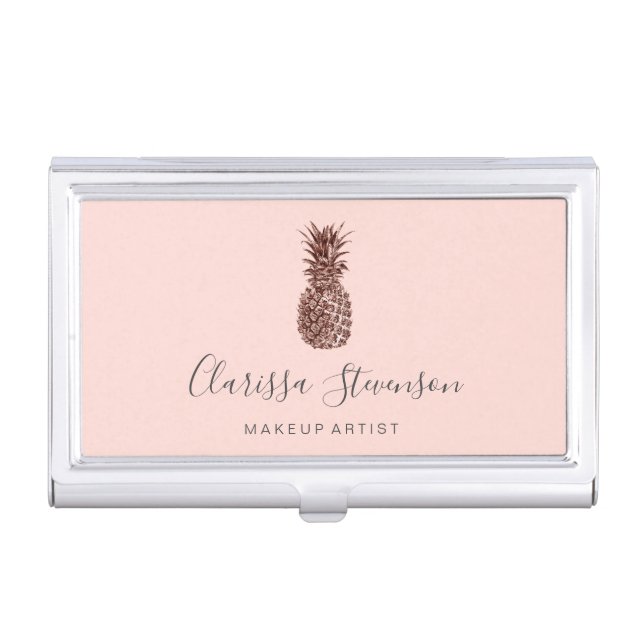 Stylish elegant rose gold pineapple pink makeup business card case (Front)