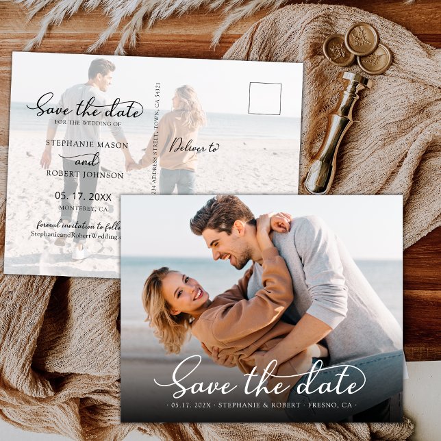 Stylish Elegant Script Photo Wedding Save The Date Announcement Postcard (Creator Uploaded)