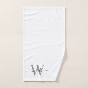 Stylish Elegant Script White Gray Monogram Name Hand Towel
