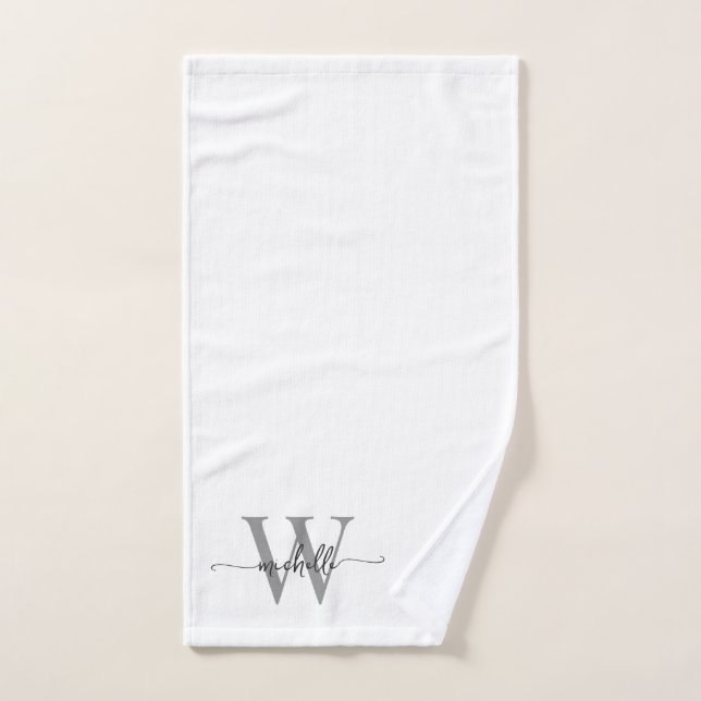 Stylish Elegant Script White Gray Monogram Name Hand Towel (Hand Towel)