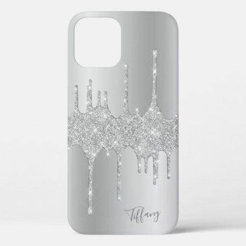 Stylish elegant silver glitter drips iPhone 12 case