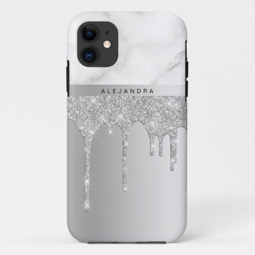 Stylish elegant silver glitter drips white marble iPhone 11 case