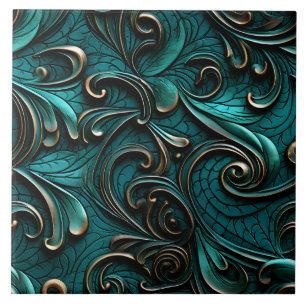 Stylish Elegant Teal Faux Embossed Leather Ceramic Tile
