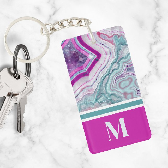 Stylish Elegant Trendy Agate Initial Monogram Keychain (Stylish Teal Magenta Pink Agate Stone Monogram Keychain)