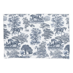 Stylish Elegant Vintage Blue Horses Toile Pillow Case
