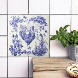 Stylish Elegant Vintage Rooster Blue Floral Toile  Ceramic Tile<br><div class="desc">Old / antique vintage gravure / engraving of a barred Plymouth rock rooster in wreath of plants,  flowers,  insects and butterflies made into a seamless toile pattern,  perfect for decorative and chic rustic style home décor</div>