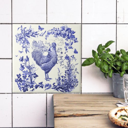 Stylish Elegant Vintage Rooster Blue Floral Toile  Ceramic Tile