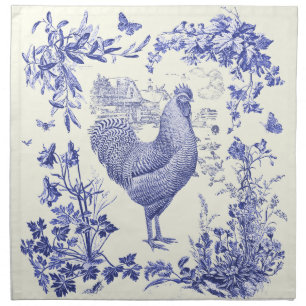 Stylish Elegant Vintage Rooster Blue Floral Toile Cloth Napkin