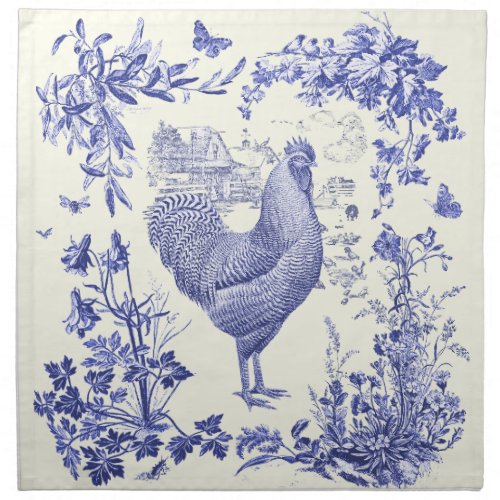 Stylish Elegant Vintage Rooster Blue Floral Toile  Cloth Napkin