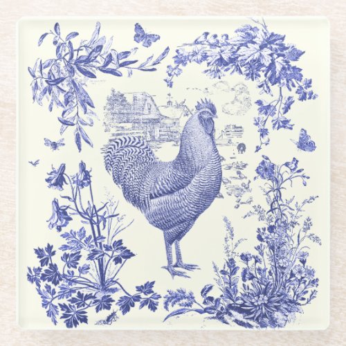 Stylish Elegant Vintage Rooster Blue Floral Toile  Glass Coaster