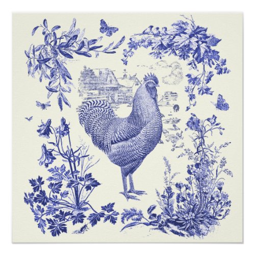 Stylish Elegant Vintage Rooster Blue Floral Toile  Poster