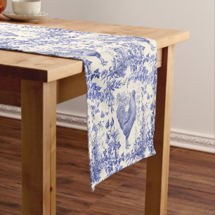 Stylish Elegant Vintage Rooster Blue Floral Toile Short Table Runner