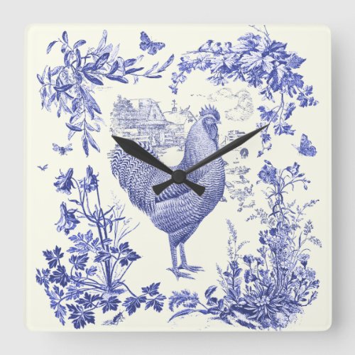 Stylish Elegant Vintage Rooster Blue Floral Toile  Square Wall Clock