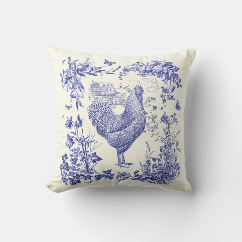 Stylish Elegant Vintage Rooster Blue Floral Toile  Throw Pillow