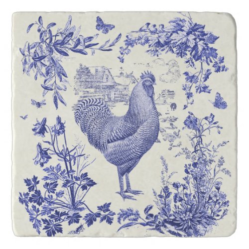 Stylish Elegant Vintage Rooster Blue Floral Toile  Trivet