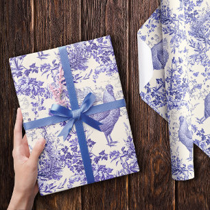 Stylish Elegant Vintage Rooster Blue Floral Toile Wrapping Paper