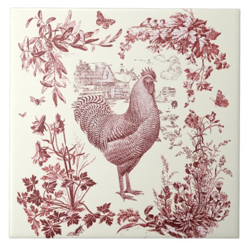 Stylish Elegant Vintage Rooster Red Floral Toile  Ceramic Tile