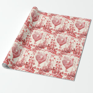 Stylish Elegant Vintage Rooster Red Floral Toile Wrapping Paper