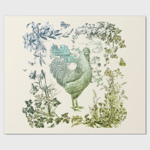 Stylish Elegant Vintage Rooster Sage Floral Toile  Wrapping Paper