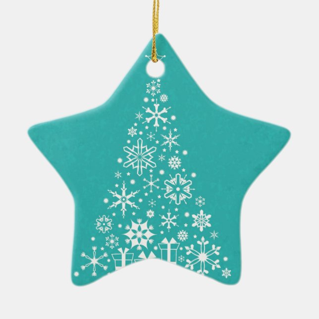 Stylish elegant white and teal Christmas tree Ceramic Ornament (Front)