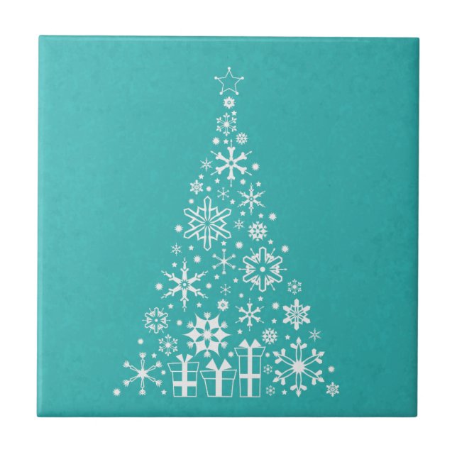 Stylish elegant white and teal Christmas tree Ceramic Tile (Front)