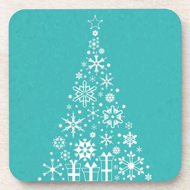 Stylish elegant white and teal Christmas tree Drink Coaster (Front)