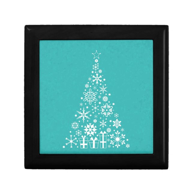 Stylish elegant white and teal Christmas tree Jewelry Box (Front)