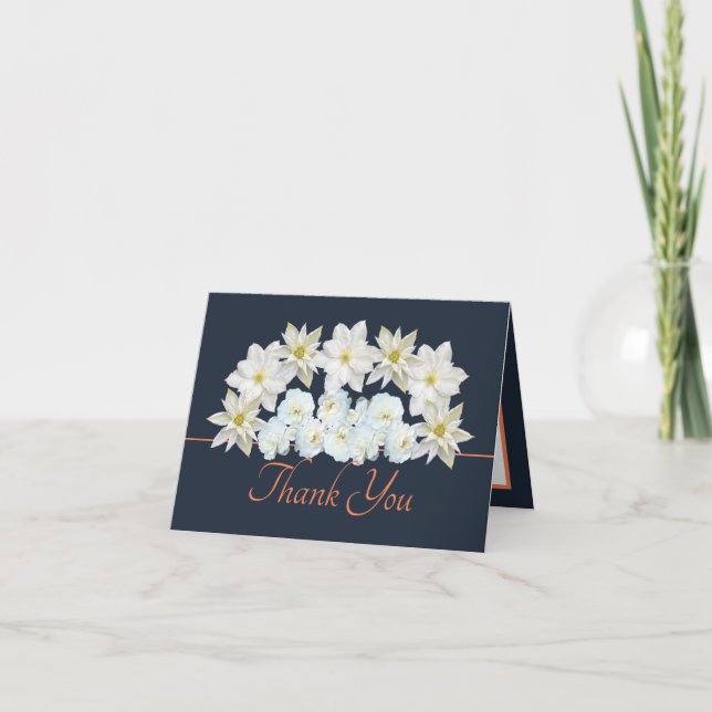 Stylish Elegant White Clematis and Roses Thank You Card (Front)