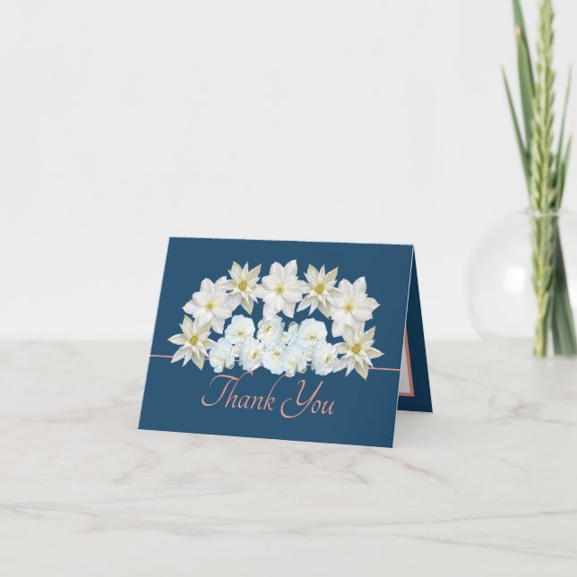 Stylish Elegant White Clematis and Roses Thank You Card (Front)