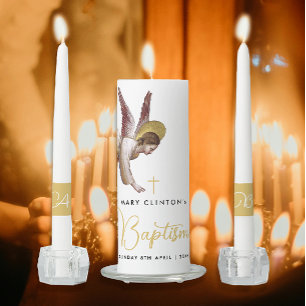 Stylish Elegant White Gold God Bless Angel Script Unity Candle Set