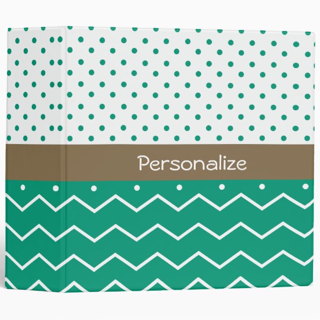 Stylish Emerald Green and White Chevron Polka Dots 3 Ring Binder (Front/Spine)