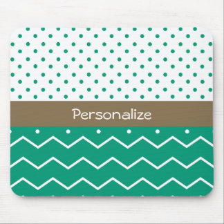 Stylish Emerald Green and White Chevron Polka Dots Mouse Pad
